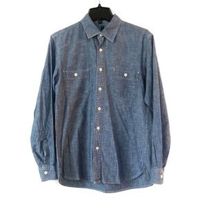 Muji Denim Shirt Medium Wash Button Down Long Sleeve Casual Jean Top Mens EUC XS